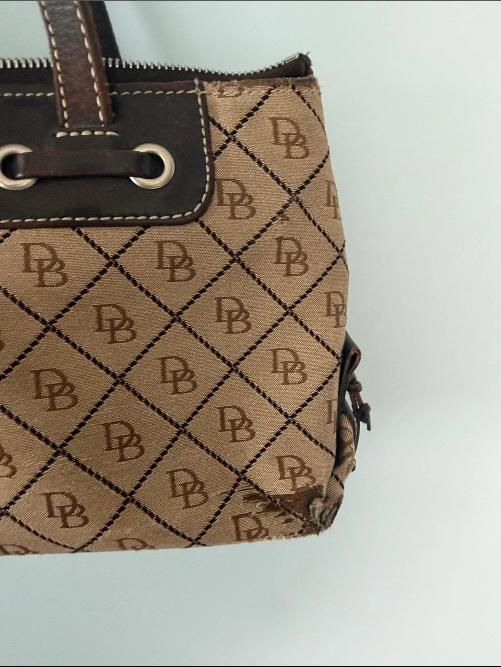 Dooney & Bourke Tan and Dark Brown Signature Monogram Shoulder Bag with Tassel